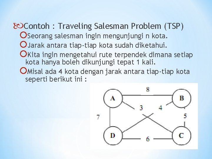  Contoh : Traveling Salesman Problem (TSP) Seorang salesman ingin mengunjungi n kota. Jarak