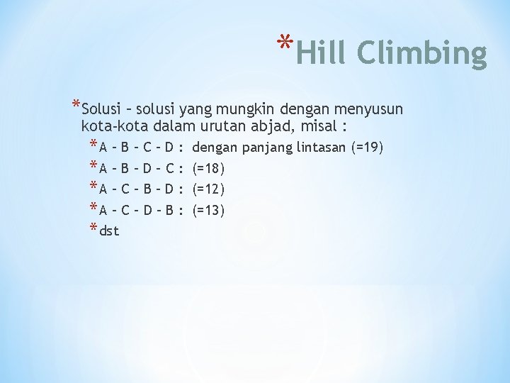 *Hill Climbing *Solusi – solusi yang mungkin dengan menyusun kota-kota dalam urutan abjad, misal