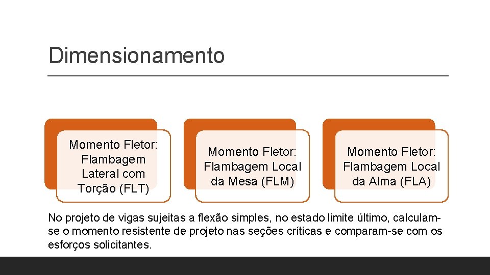 Dimensionamento Momento Fletor: Flambagem Lateral com Torção (FLT) Momento Fletor: Flambagem Local da Mesa