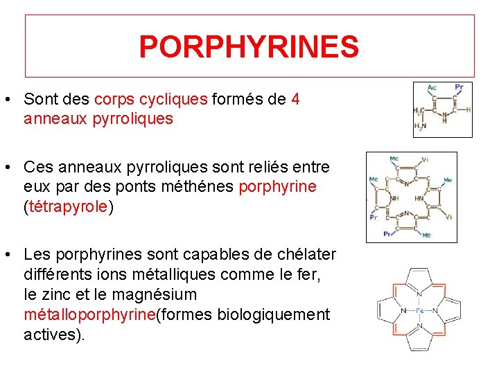 PORPHYRINES • Sont des corps cycliques formés de 4 anneaux pyrroliques • Ces anneaux