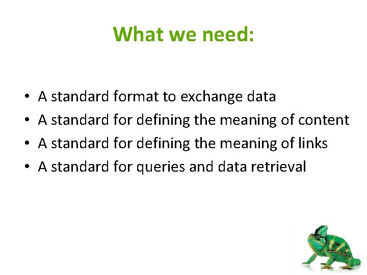 What we need: • • A standard format to exchange data A standard for