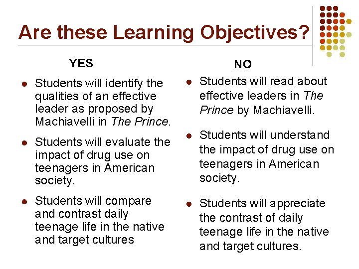 Are these Learning Objectives? YES NO Students will read about effective leaders in The Are these Learning Objectives? YES NO Students will read about effective leaders in The