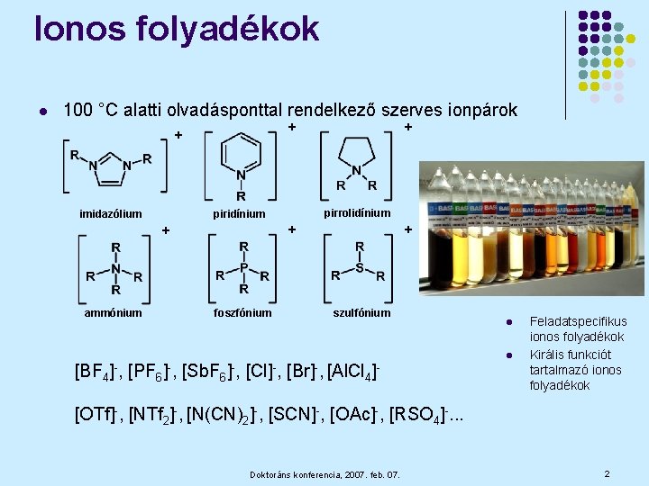 Ionos folyadékok l 100 °C alatti olvadásponttal rendelkező szerves ionpárok + + imidazólium pirrolidínium
