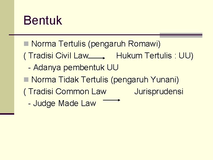 Bentuk n Norma Tertulis (pengaruh Romawi) ( Tradisi Civil Law Hukum Tertulis : UU)