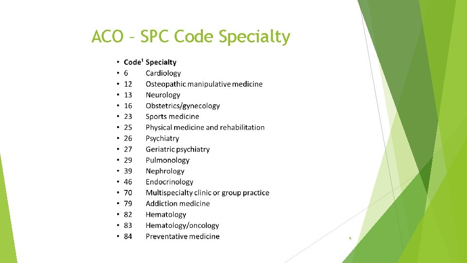 ACO – SPC Code Specialty 9 