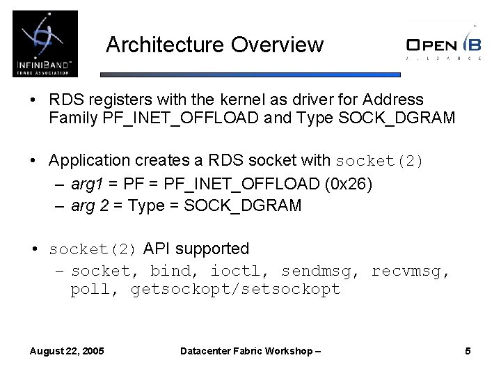 Architecture Overview • RDS registers with the kernel as driver for Address Family PF_INET_OFFLOAD