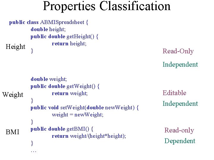 Properties Classification public class ABMISpreadsheet { double height; public double get. Height() { return