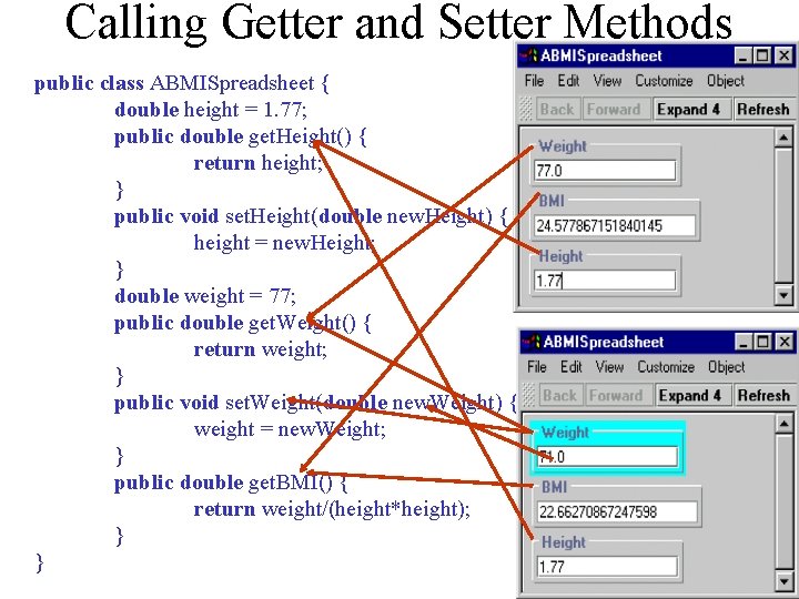 Calling Getter and Setter Methods public class ABMISpreadsheet { double height = 1. 77;