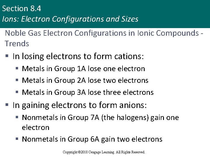 Section 8. 4 Ions: Electron Configurations and Sizes Noble Gas Electron Configurations in Ionic