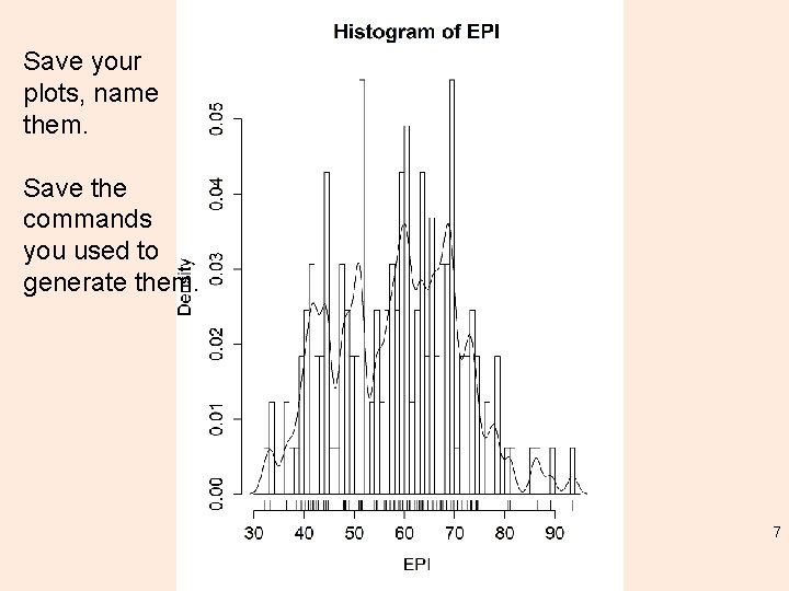 Save your plots, name them. Save the commands you used to generate them. 7