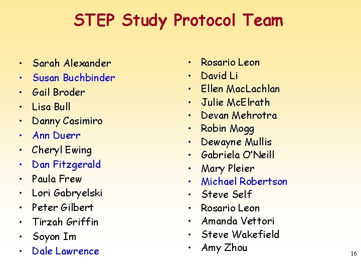 STEP Study Protocol Team • • • • Sarah Alexander Susan Buchbinder Gail Broder