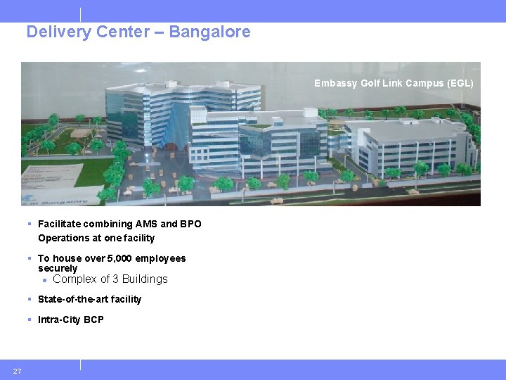 Delivery Center – Bangalore Embassy Golf Link Campus (EGL) § Facilitate combining AMS and