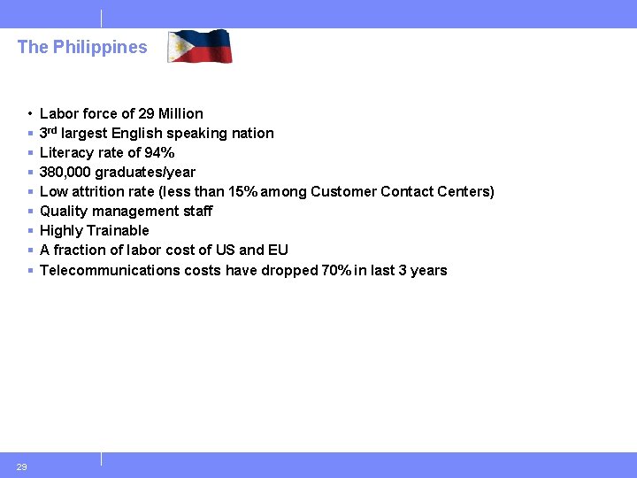 The Philippines • § § § § 29 Labor force of 29 Million 3