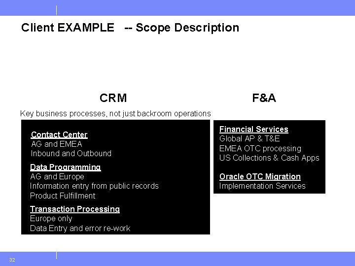 Client EXAMPLE -- Scope Description CRM F&A Key business processes, not just backroom operations