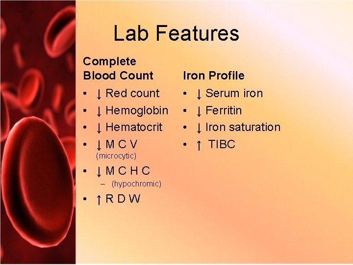 Lab Features Complete Blood Count Iron Profile • • ↓ Red count ↓ Hemoglobin