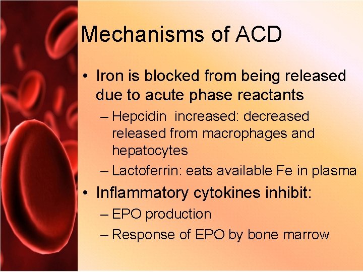 Mechanisms of ACD • Iron is blocked from being released due to acute phase