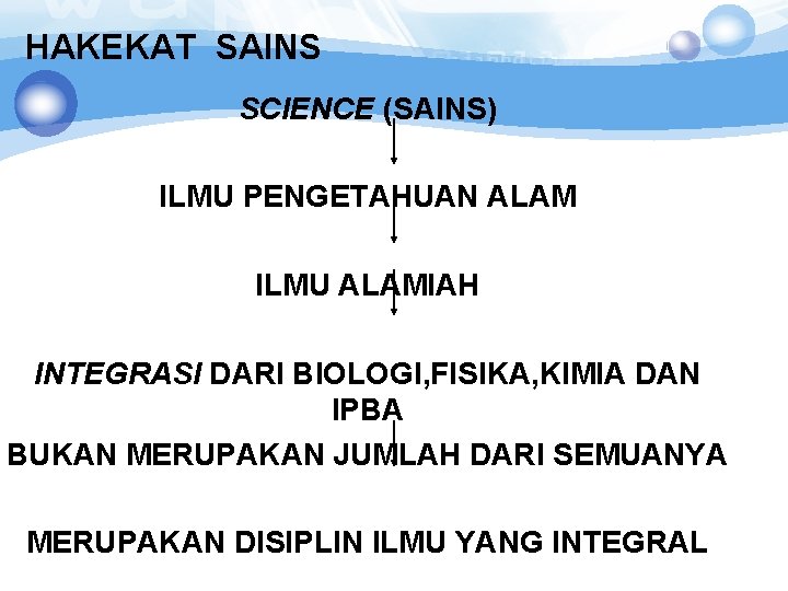 HAKEKAT SAINS SCIENCE (SAINS) ILMU PENGETAHUAN ALAM ILMU ALAMIAH INTEGRASI DARI BIOLOGI, FISIKA, KIMIA
