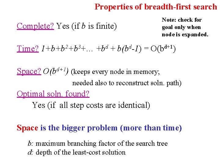 Properties of breadth-first search Complete? Yes (if b is finite) Note: check for goal