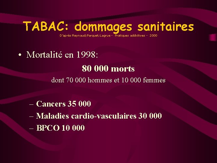 TABAC: dommages sanitaires D’après Reynaud; Parquet; Lagrue - Pratiques addictives - 2000 • Mortalité