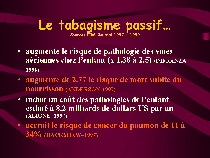 Le tabagisme passif… Source: EBM Journal 1997 - 1999 • augmente le risque de
