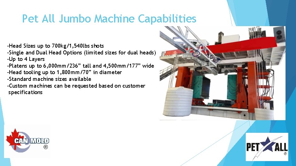 Pet All Jumbo Machine Capabilities -Head Sizes up to 700 kg/1, 540 lbs shots