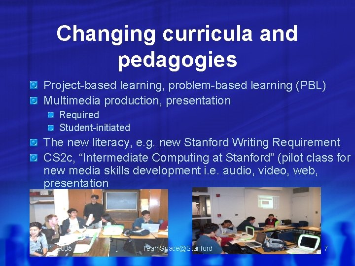 Changing curricula and pedagogies Project-based learning, problem-based learning (PBL) Multimedia production, presentation Required Student-initiated