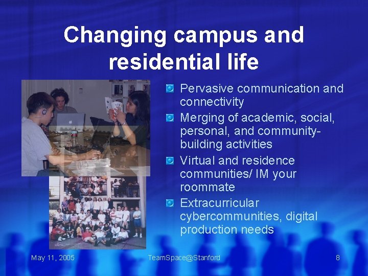 Changing campus and residential life Pervasive communication and connectivity Merging of academic, social, personal,