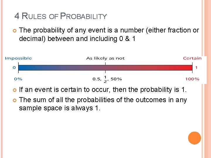4 RULES OF PROBABILITY The probability of any event is a number (either fraction