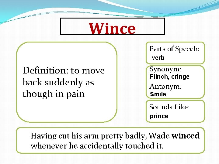 Wince Parts of Speech: verb Definition: to move back suddenly as though in pain
