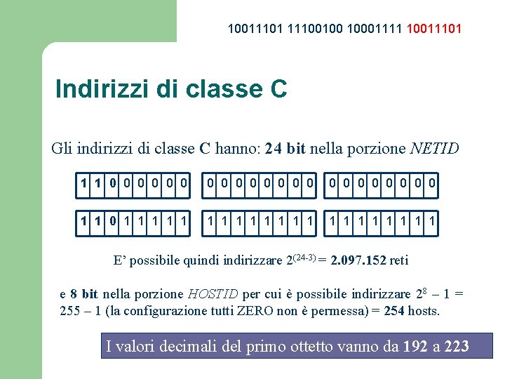 10011101 11100100 10001111 10011101 Indirizzi di classe C Gli indirizzi di classe C hanno: