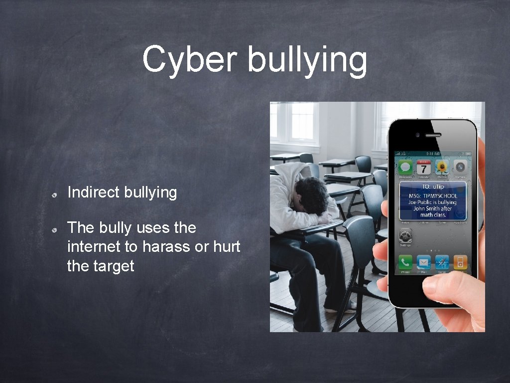 Cyber bullying Indirect bullying The bully uses the internet to harass or hurt the