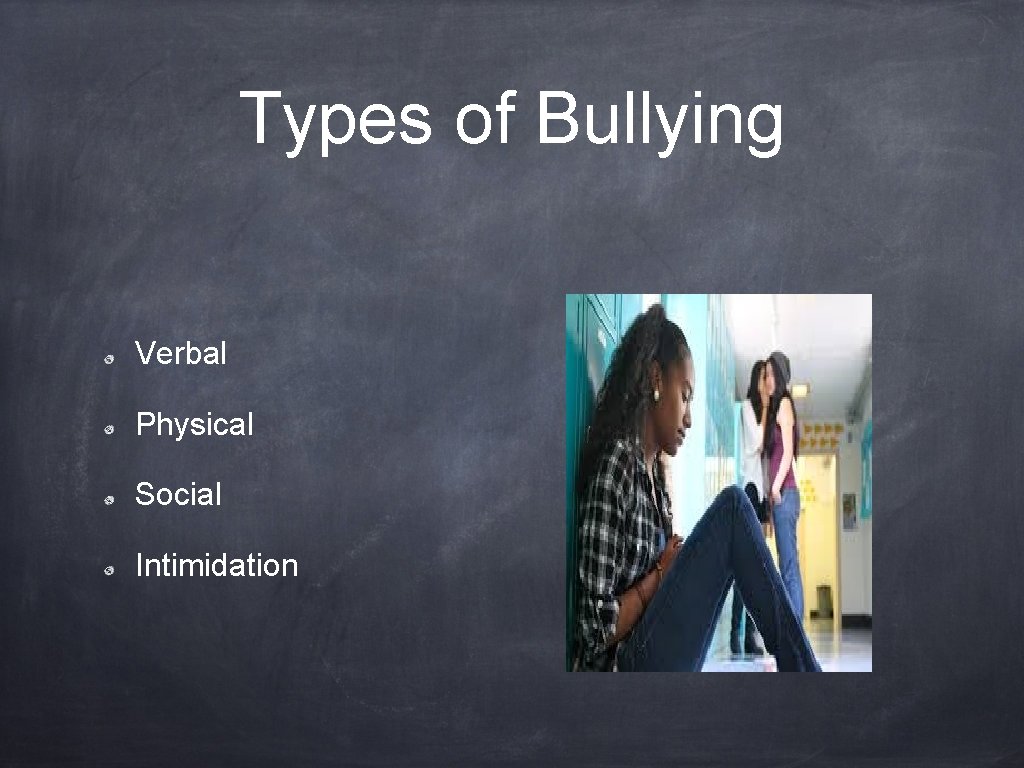 Types of Bullying Verbal Physical Social Intimidation Types of Bullying Verbal Physical Social Intimidation