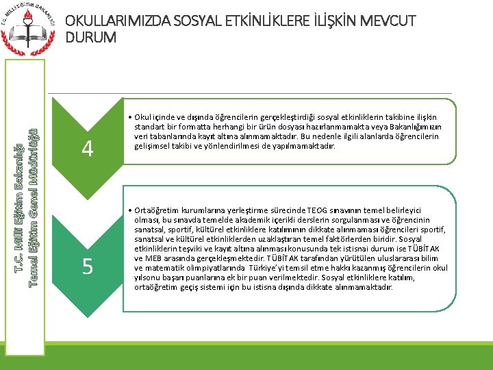 T. C. Milli Eğitim Bakanlığı Temel Eğitim Genel Müdürlüğü OKULLARIMIZDA SOSYAL ETKİNLİKLERE İLİŞKİN MEVCUT