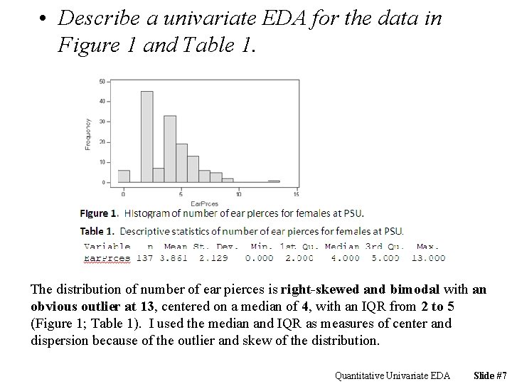  • Describe a univariate EDA for the data in Figure 1 and Table