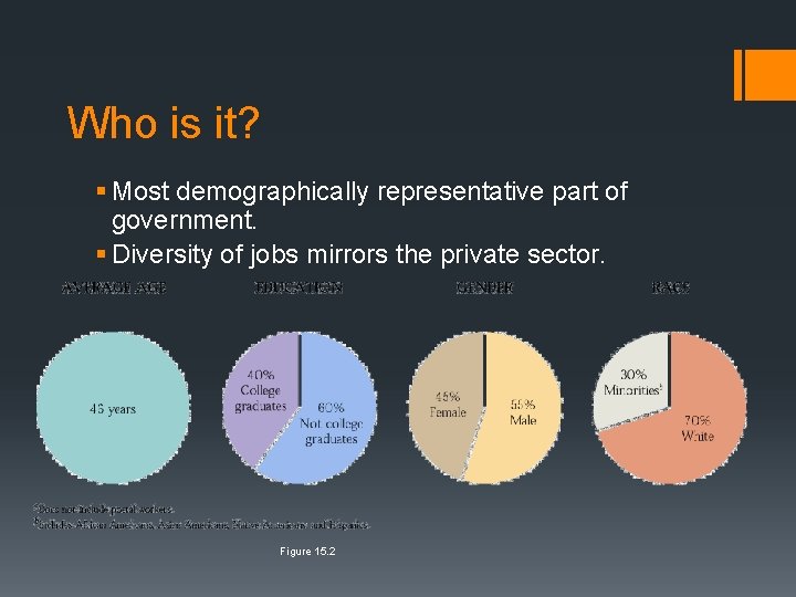 Who is it? § Most demographically representative part of government. § Diversity of jobs