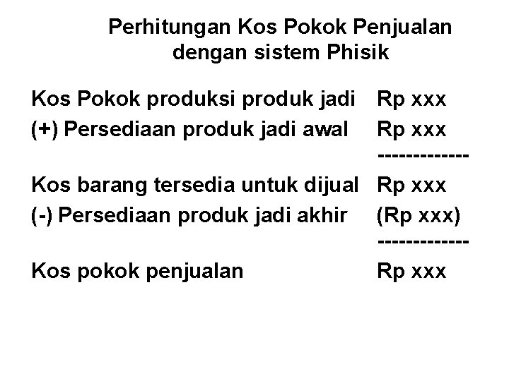 Perhitungan Kos Pokok Penjualan dengan sistem Phisik Kos Pokok produksi produk jadi Rp xxx