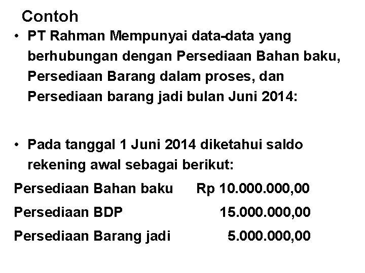 Contoh • PT Rahman Mempunyai data-data yang berhubungan dengan Persediaan Bahan baku, Persediaan Barang