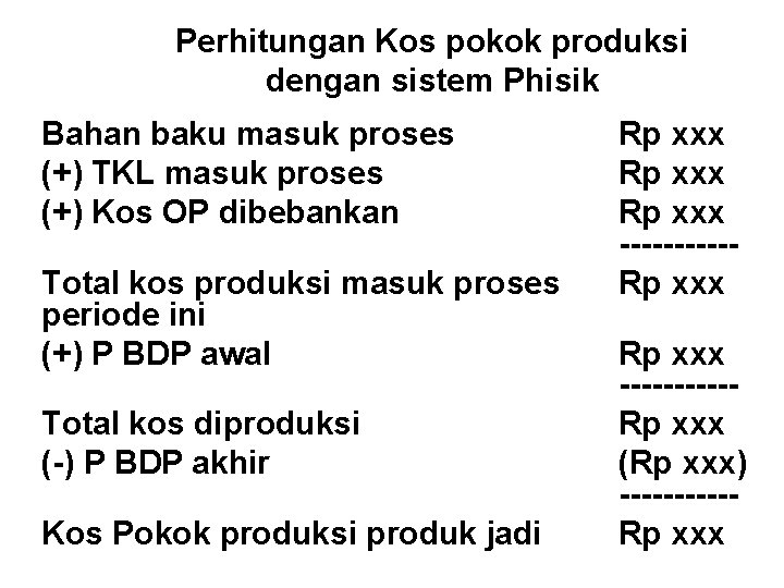 Perhitungan Kos pokok produksi dengan sistem Phisik Bahan baku masuk proses (+) TKL masuk