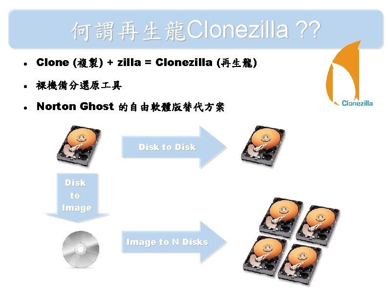 何謂再生龍Clonezilla ? ? Clone (複製) + zilla = Clonezilla (再生龍) 裸機備分還原 具 Norton Ghost