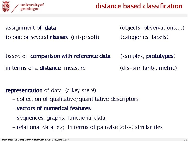 distance based classification assignment of data (objects, observations, . . . ) to one