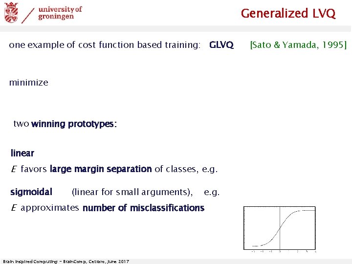 Generalized LVQ one example of cost function based training: GLVQ minimize two winning prototypes: