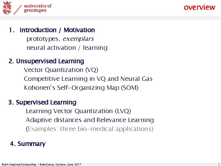overview 1. Introduction / Motivation prototypes, exemplars neural activation / learning 2. Unsupervised Learning