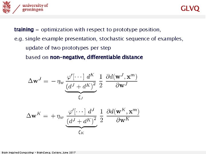 GLVQ training = optimization with respect to prototype position, e. g. single example presentation,