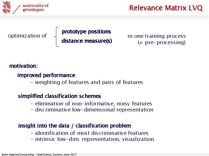 Relevance Matrix LVQ optimization of prototype positions distance measure(s) in one training process (≠