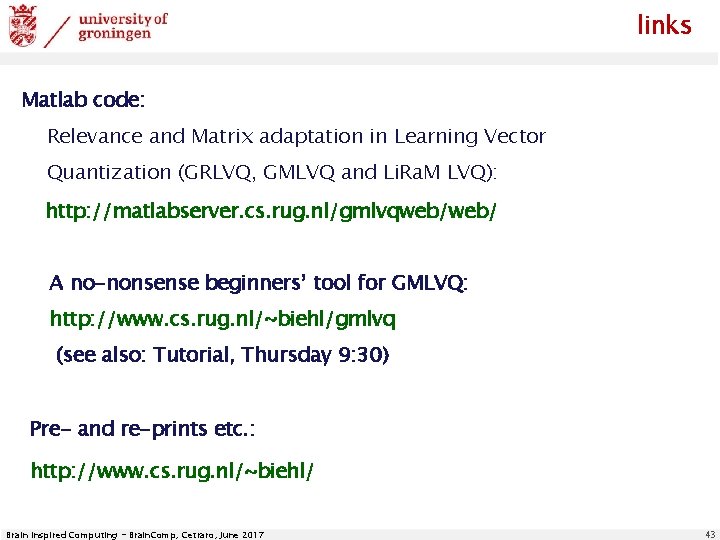 links Matlab code: Relevance and Matrix adaptation in Learning Vector Quantization (GRLVQ, GMLVQ and