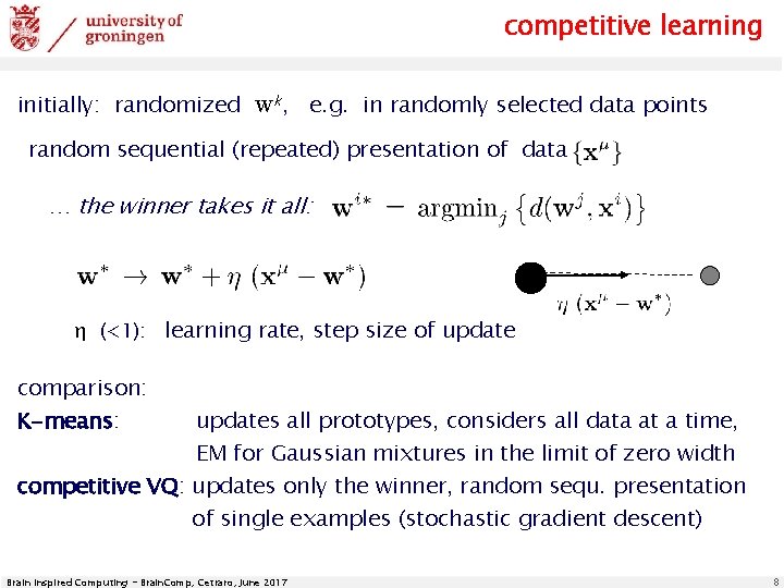 competitive learning initially: randomized wk, e. g. in randomly selected data points random sequential