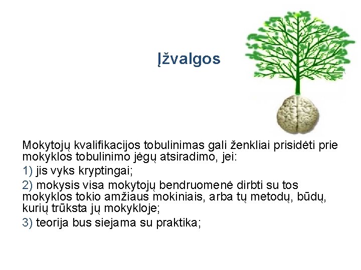 Įžvalgos Mokytojų kvalifikacijos tobulinimas gali ženkliai prisidėti prie mokyklos tobulinimo jėgų atsiradimo, jei: 1)