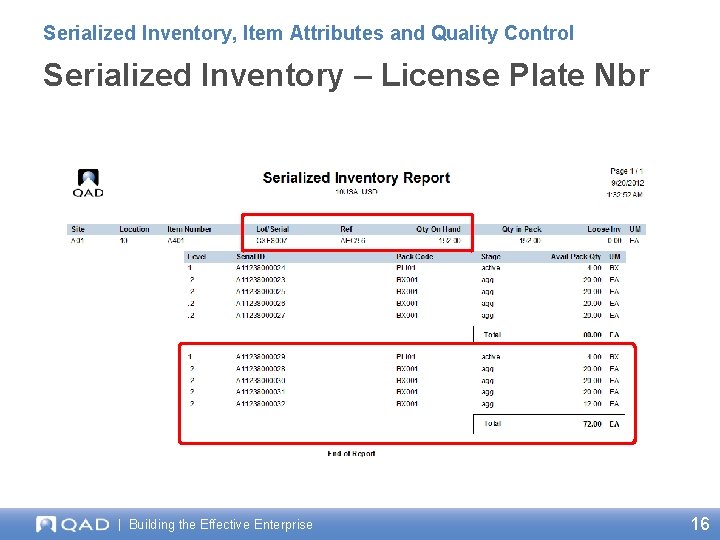 Serialized Inventory, Item Attributes and Quality Control Serialized Inventory – License Plate Nbr |