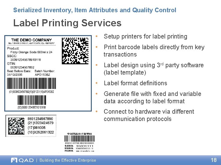 Serialized Inventory, Item Attributes and Quality Control Label Printing Services • Setup printers for
