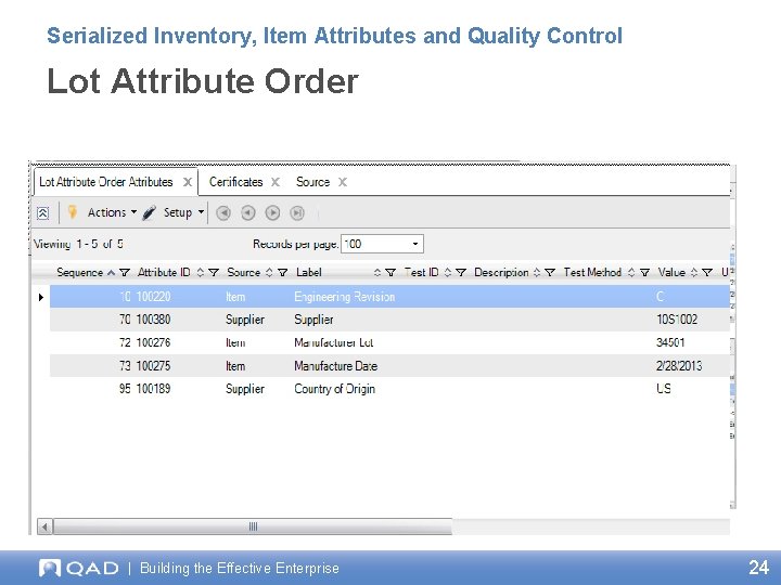 Serialized Inventory, Item Attributes and Quality Control Lot Attribute Order Lot Attribute Specifications and